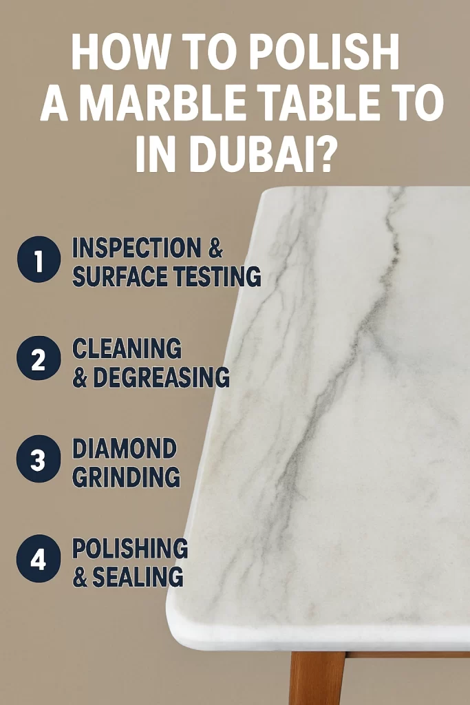 Infographic titled how to polish a marble table top in dubai showing a step by step guide with illustrations. includes icons for cleaning tools, polishing machines, protective gear, and a shining marb
