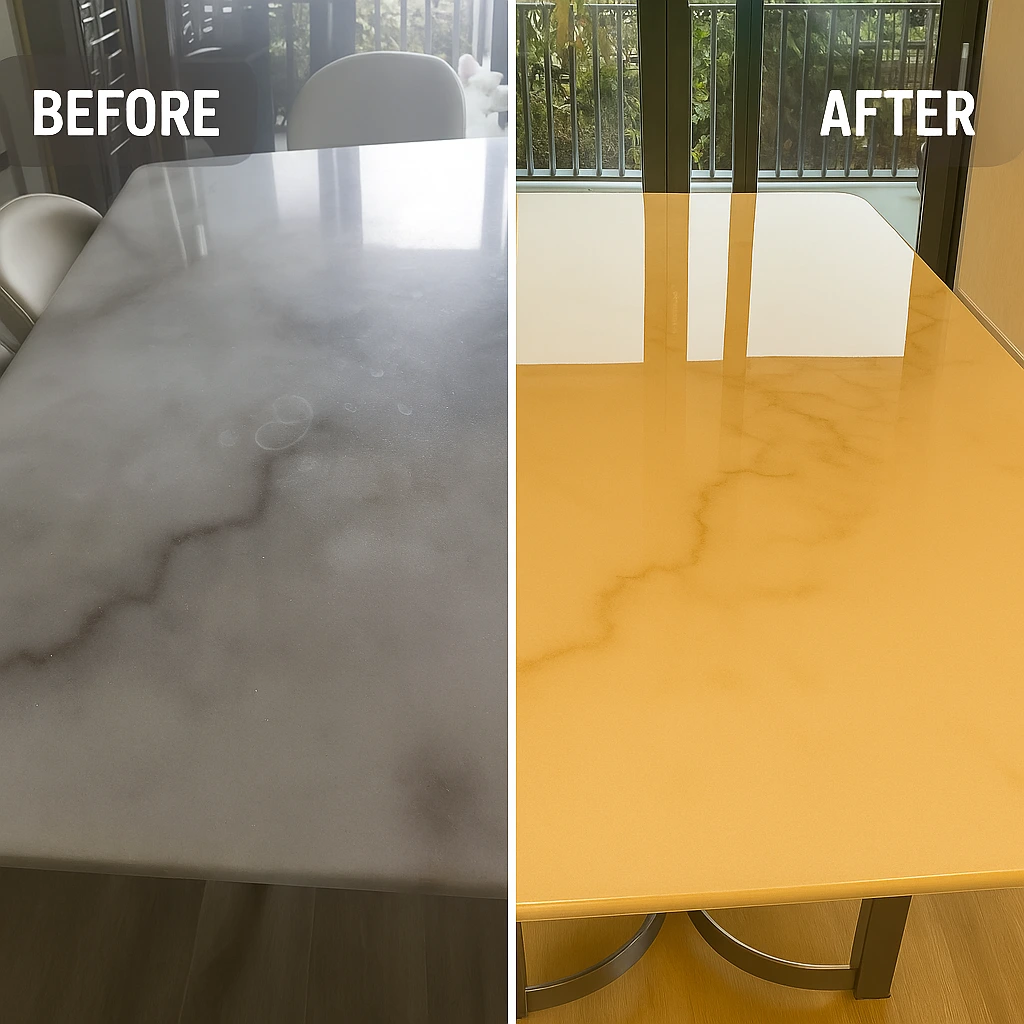 Marble tabletop with dull surface, stains, and visible scratches before professional polishing in dubai