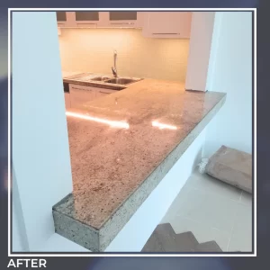 After granite countertop restoration by hft dubai – deep color, high gloss, and perfect smoothness achieved.