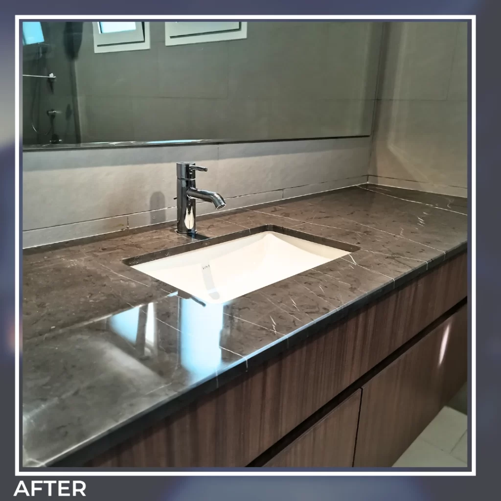 After marble countertop polishing by hft dubai – smooth, mirror like finish and vibrant color restored.