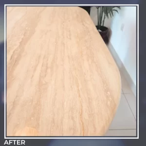 After travertine tabletop filling and polishing by hft dubai – natural texture restored and glossy surface achieved.